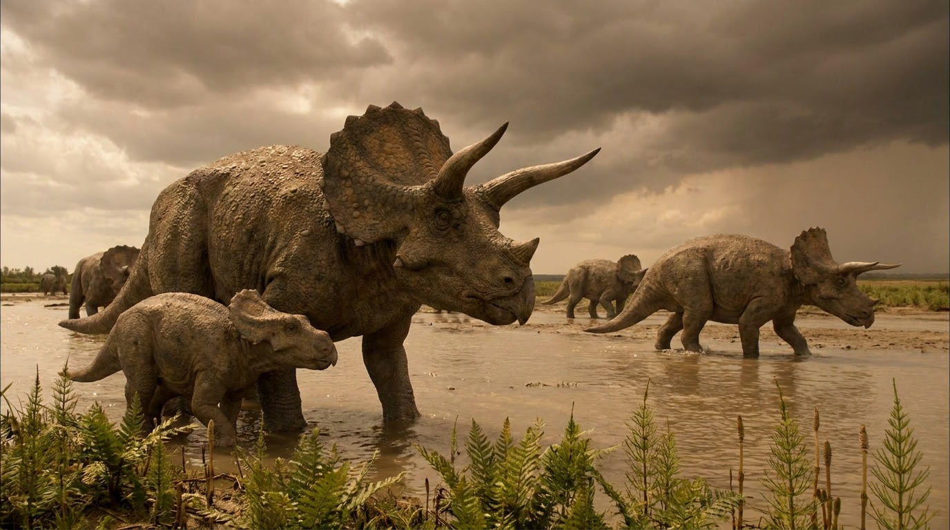 Triceratops dans une plaine du Crétacé
