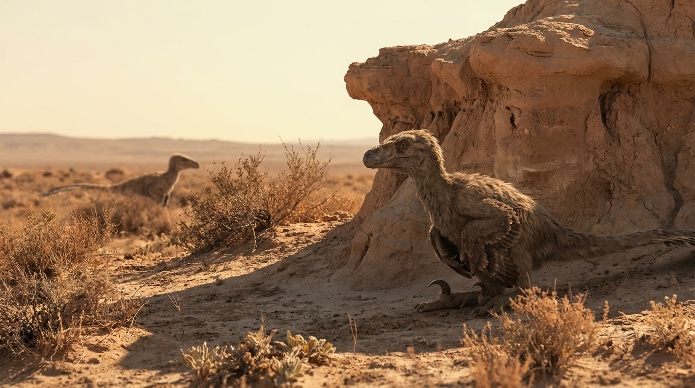 Velociraptor dans un paysage sableux